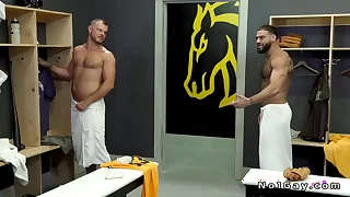 Hairy gays in an locker room threesome